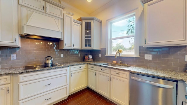 3615 S Church Ave, Tampa, FL 33629 - kitchen with dishwasher, a sink, custom range hood, tasteful backsplash, and crown molding