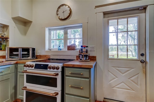 6341 Discovery Ln, Land O Lakes, FL 34638 - kitchen featuring electric stove, wooden counters, green cabinets, and plenty of natural light