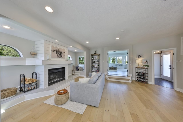 945 Bunker View Dr, Apollo Beach, FL 33572 - living area with a fireplace with raised hearth, light wood-style flooring, and a healthy amount of sunlight
