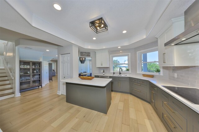 945 Bunker View Dr, Apollo Beach, FL 33572 - kitchen featuring a sink, black electric cooktop, light wood-style flooring, wall chimney exhaust hood, and a tray ceiling