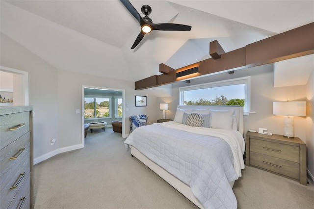 945 Bunker View Dr, Apollo Beach, FL 33572 - bedroom with baseboards, a ceiling fan, lofted ceiling, and light colored carpet