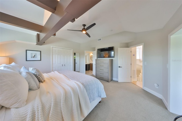 945 Bunker View Dr, Apollo Beach, FL 33572 - bedroom featuring visible vents, a closet, baseboards, light colored carpet, and vaulted ceiling