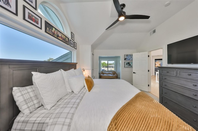 945 Bunker View Dr, Apollo Beach, FL 33572 - bedroom with visible vents, a ceiling fan, and vaulted ceiling