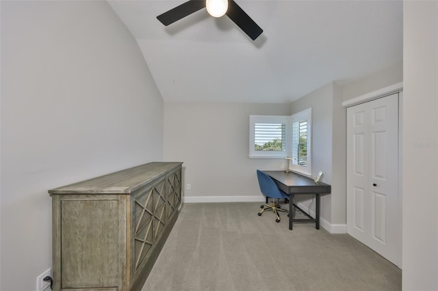 945 Bunker View Dr, Apollo Beach, FL 33572 - carpeted office space featuring baseboards, ceiling fan, and lofted ceiling