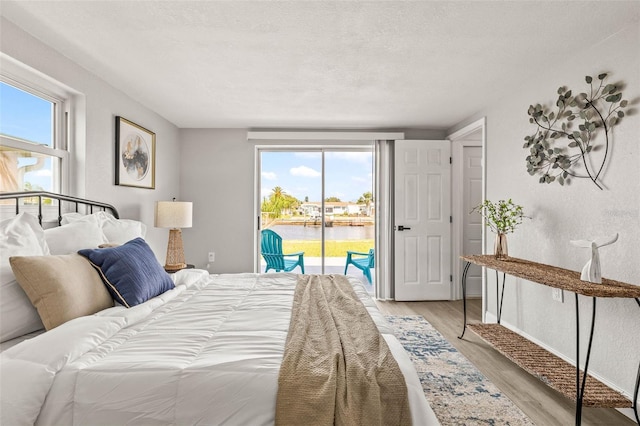 12700 5th Isle, Hudson, FL 34667 - bedroom featuring access to outside, light wood-style flooring, multiple windows, baseboards, and a textured ceiling