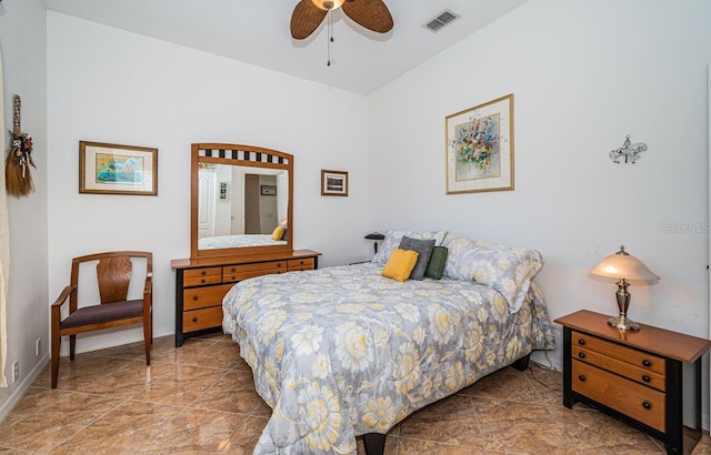 bedroom with a ceiling fan, baseboards, visible vents, and marble finish floor