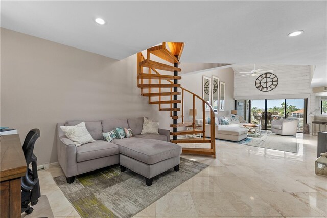 350 Pinellas Bayway S Unit 7, Tierra Verde, FL 33715 - living area with recessed lighting, ceiling fan, stairs, and marble finish floor