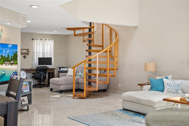 350 Pinellas Bayway S Unit 7, Tierra Verde, FL 33715 - living area with visible vents, marble finish floor, stairs, and recessed lighting
