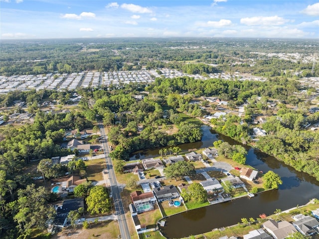 aerial view featuring a water view and a residential view