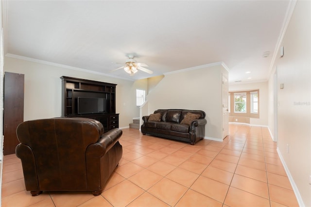 5607 Tanagergrove Way, Lithia, FL 33547 - living area with crown molding, a ceiling fan, baseboards, and light tile patterned flooring