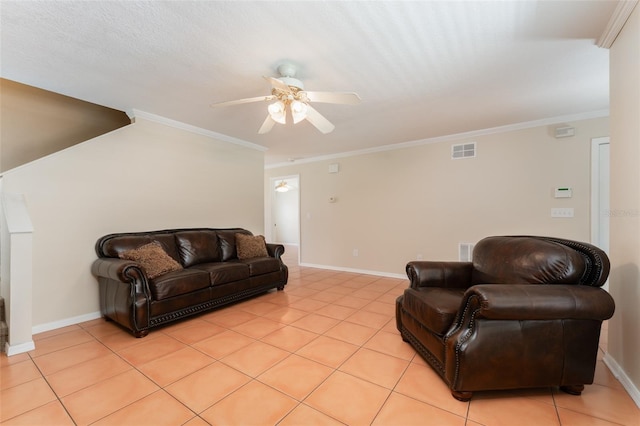 5607 Tanagergrove Way, Lithia, FL 33547 - living room featuring visible vents, ornamental molding, baseboards, ceiling fan, and light tile patterned floors