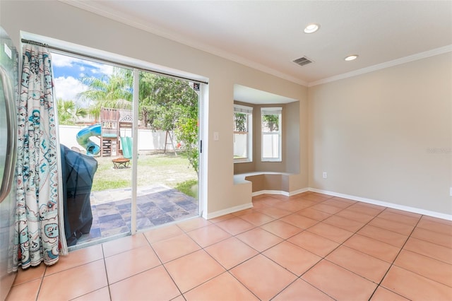5607 Tanagergrove Way, Lithia, FL 33547 - doorway with recessed lighting, visible vents, ornamental molding, and a wealth of natural light