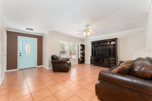 5607 Tanagergrove Way, Lithia, FL 33547 - living area with crown molding, baseboards, ceiling fan, and light tile patterned flooring