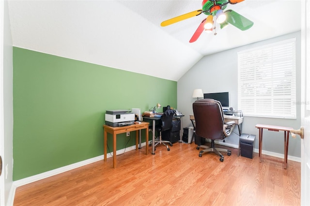 5607 Tanagergrove Way, Lithia, FL 33547 - office space featuring baseboards, a ceiling fan, wood finished floors, and lofted ceiling
