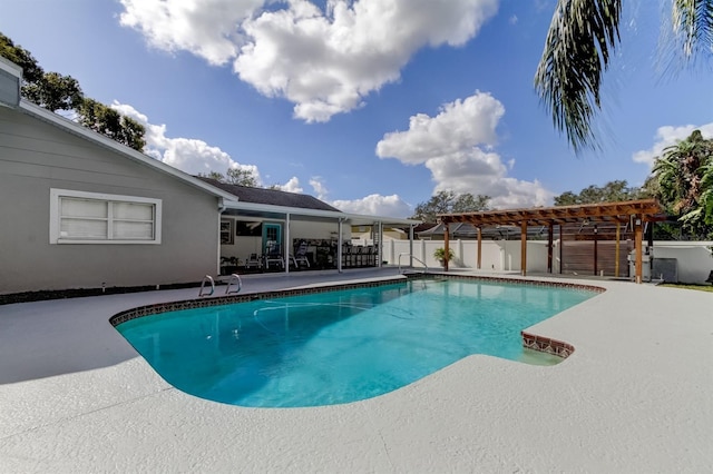 view of pool featuring a pergola, a fenced in pool, fence, and a patio area