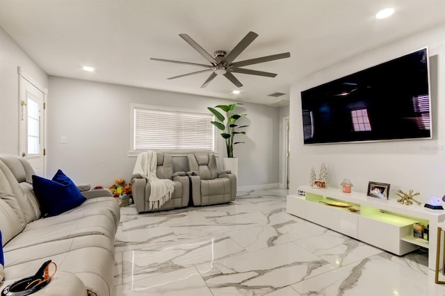 living area featuring recessed lighting, a ceiling fan, and visible vents