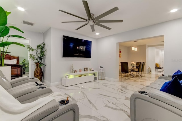 living area featuring marble finish floor, a ceiling fan, recessed lighting, and visible vents