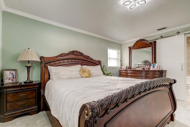 bedroom with crown molding and visible vents