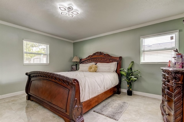 bedroom with crown molding, baseboards, and multiple windows