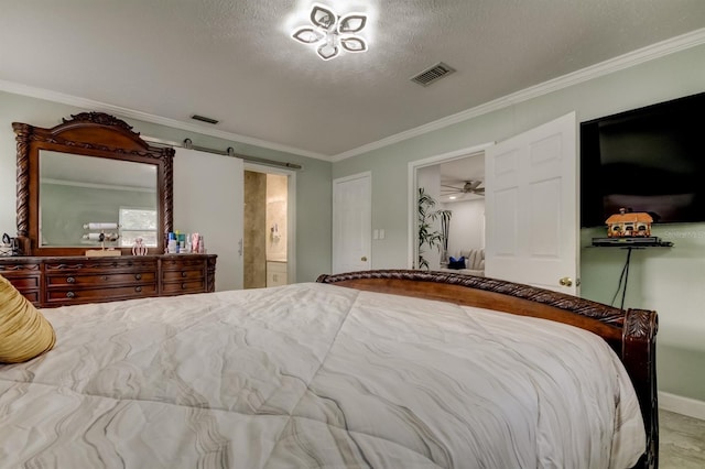 bedroom featuring baseboards, ornamental molding, ensuite bathroom, and visible vents