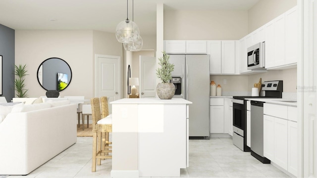 kitchen featuring a kitchen island, white cabinets, range with electric stovetop, and stainless steel fridge with ice dispenser
