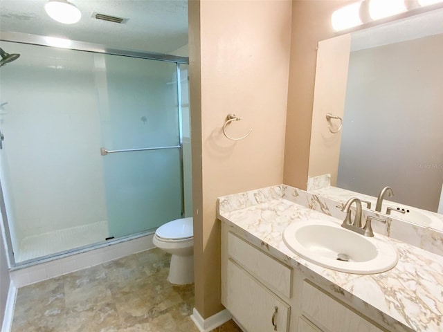 full bath featuring vanity, toilet, visible vents, and a stall shower