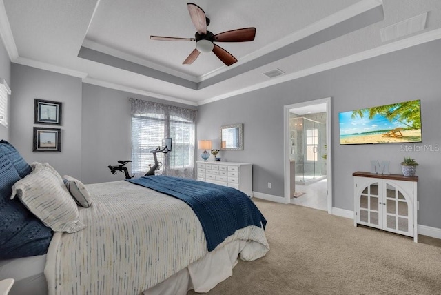 bedroom featuring a raised ceiling, multiple windows, light colored carpet, ornamental molding, and baseboards