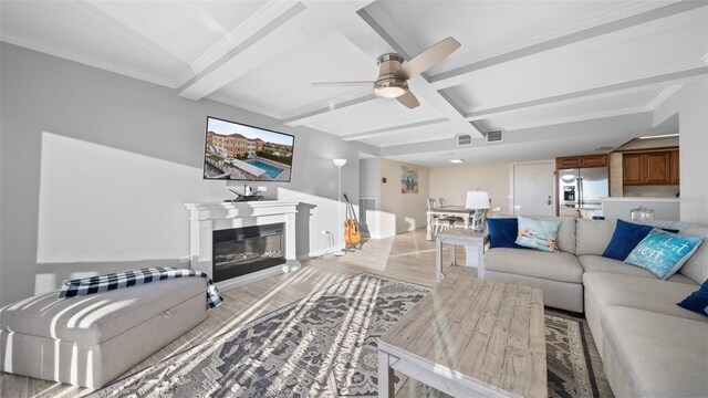 living room with a ceiling fan, visible vents, light wood-type flooring, beam ceiling, and coffered ceiling