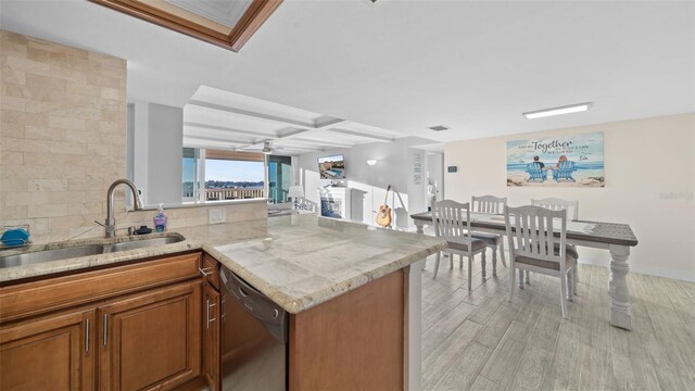 kitchen featuring brown cabinets, a sink, a peninsula, dishwashing machine, and coffered ceiling