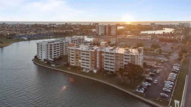 aerial view featuring a city view and a water view
