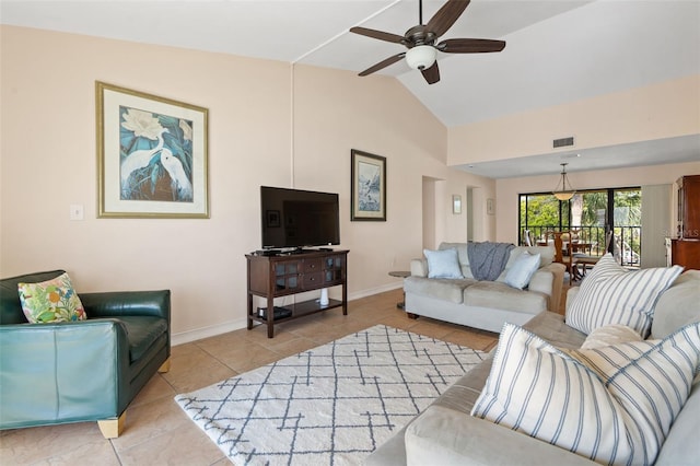 7540 Sunshine Skyway Ln S # 219, Saint Petersburg, FL 33711 - living room with visible vents, tile patterned flooring, baseboards, ceiling fan, and vaulted ceiling