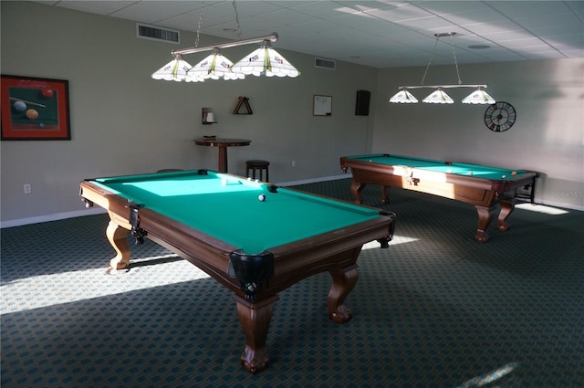 game room featuring visible vents, carpet flooring, and pool table
