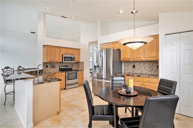3023 Bent Creek Dr, Valrico, FL 33596 - kitchen featuring stainless steel appliances, a peninsula, tasteful backsplash, light brown cabinetry, and recessed lighting
