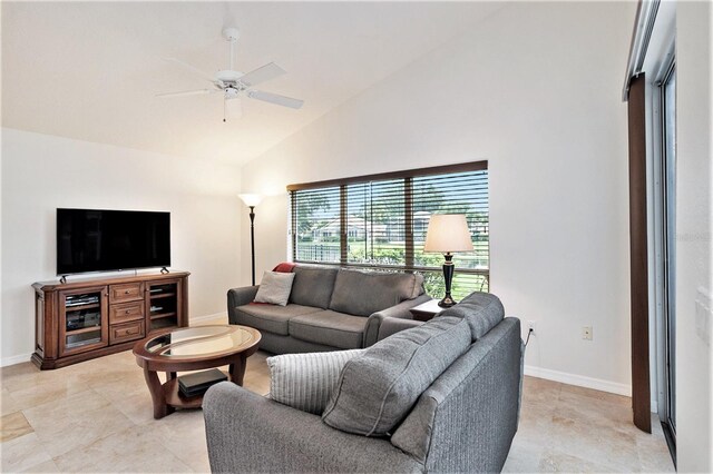 3023 Bent Creek Dr, Valrico, FL 33596 - living room featuring a ceiling fan, high vaulted ceiling, and light tile patterned flooring