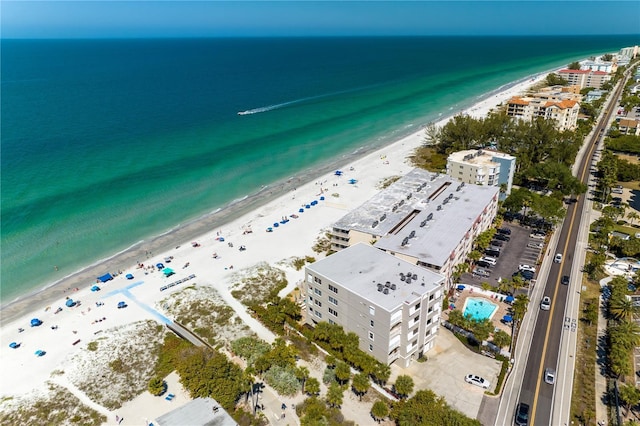 aerial view featuring a beach view and a water view