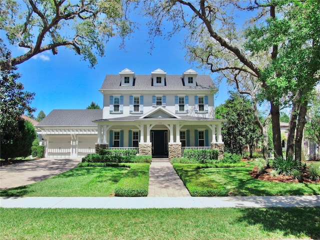 view of front of property with stone siding, a garage, a front yard, covered porch, and driveway