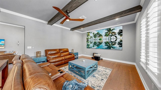 living area with visible vents, wood finished floors, beamed ceiling, baseboards, and ceiling fan