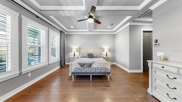 bedroom with visible vents, crown molding, baseboards, dark wood-type flooring, and coffered ceiling
