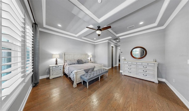 bedroom with baseboards, visible vents, dark wood-style floors, and coffered ceiling