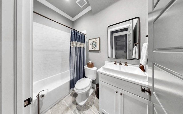 full bath featuring visible vents, shower / bath combo, vanity, toilet, and ornamental molding