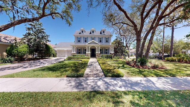 view of front of home with a garage, covered porch, concrete driveway, and a front lawn