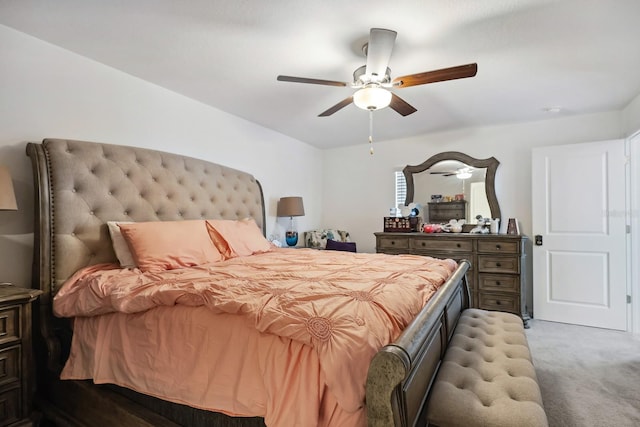 bedroom featuring light carpet and ceiling fan