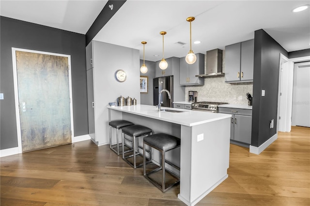199 Dali Blvd Unit 902, Saint Petersburg, FL 33701 - kitchen with wall chimney exhaust hood, stainless steel appliances, a sink, gray cabinets, and backsplash