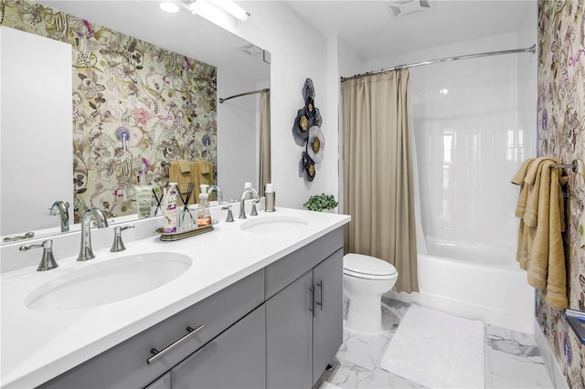 199 Dali Blvd Unit 902, Saint Petersburg, FL 33701 - full bathroom with toilet, shower / tub combo with curtain, double vanity, and wallpapered walls