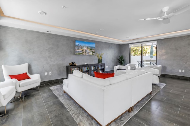 199 Dali Blvd Unit 902, Saint Petersburg, FL 33701 - living room with a tray ceiling, a ceiling fan, and recessed lighting
