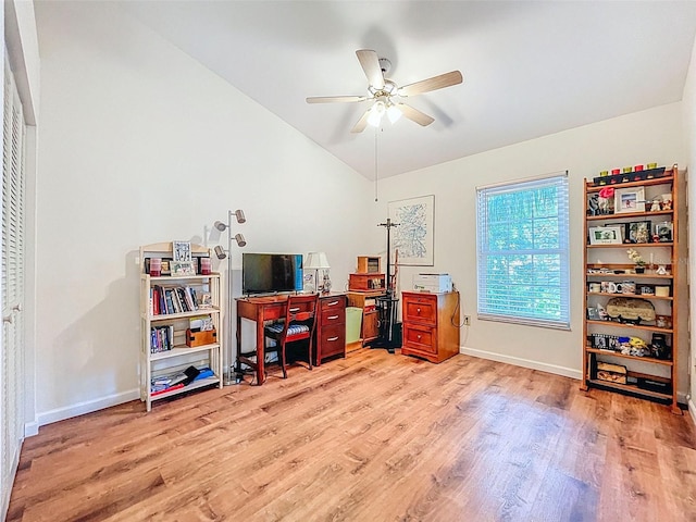 3078 Pointer Dr, Palm Harbor, FL 34683 - office area featuring baseboards, ceiling fan, light wood-type flooring, and lofted ceiling