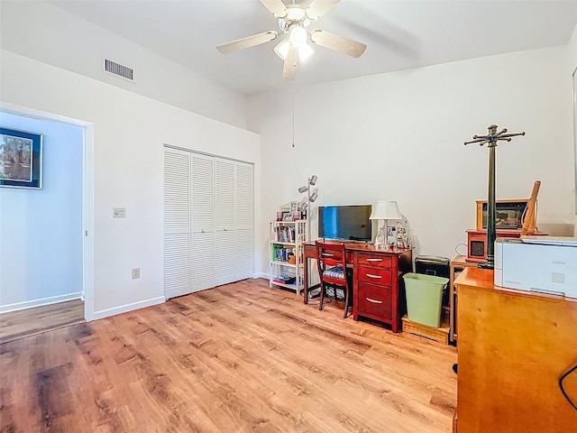 3078 Pointer Dr, Palm Harbor, FL 34683 - office with visible vents, wood finished floors, baseboards, ceiling fan, and vaulted ceiling