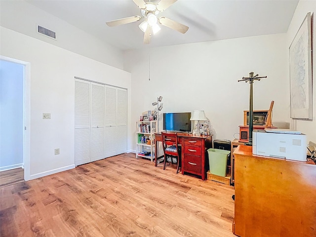 3078 Pointer Dr, Palm Harbor, FL 34683 - office area featuring baseboards, ceiling fan, light wood finished floors, and visible vents