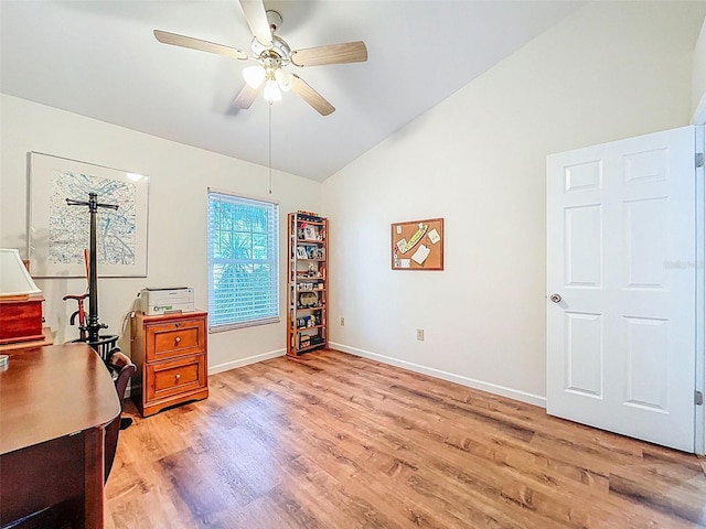 3078 Pointer Dr, Palm Harbor, FL 34683 - office space with baseboards, light wood finished floors, ceiling fan, and high vaulted ceiling