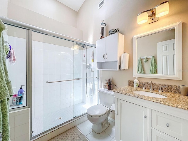 3078 Pointer Dr, Palm Harbor, FL 34683 - bathroom featuring visible vents, a shower stall, vanity, tile patterned floors, and toilet